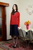 SPICER CARDIGAN - ORANGE. PEGGY SHIRT - BLUE. MILLIE SKIRT - INK.